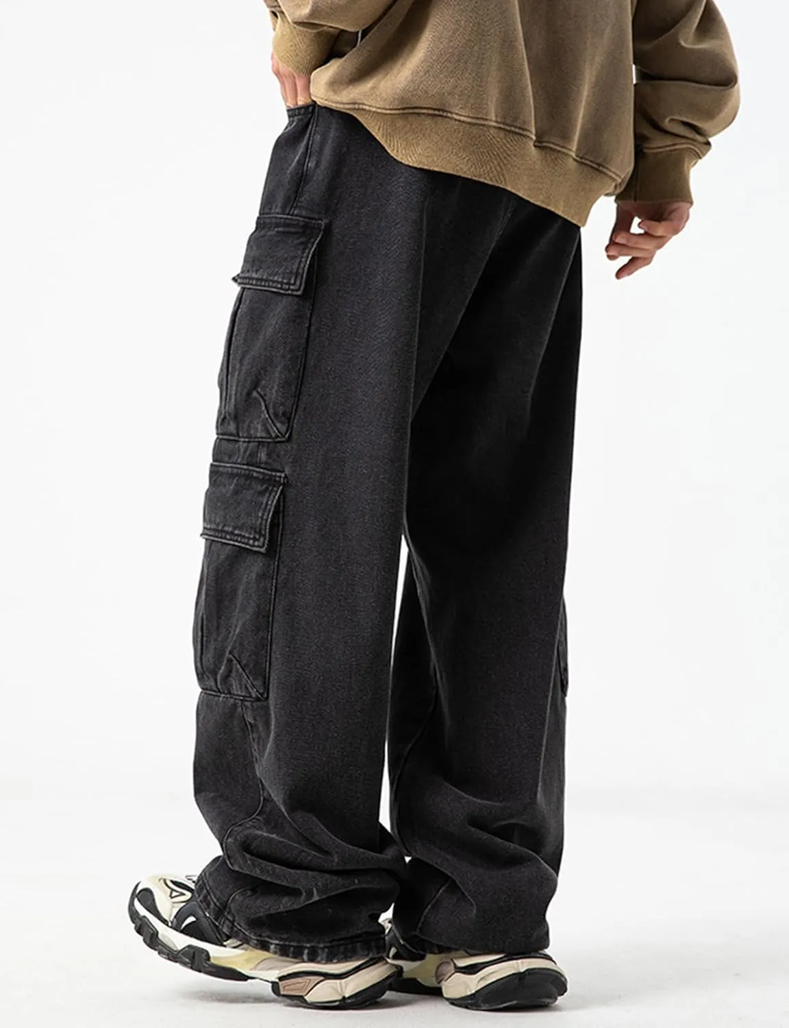 Men's Loose Cargo Pants Mulit Pockets Straight Leg Denim Jeans Casual Trousers