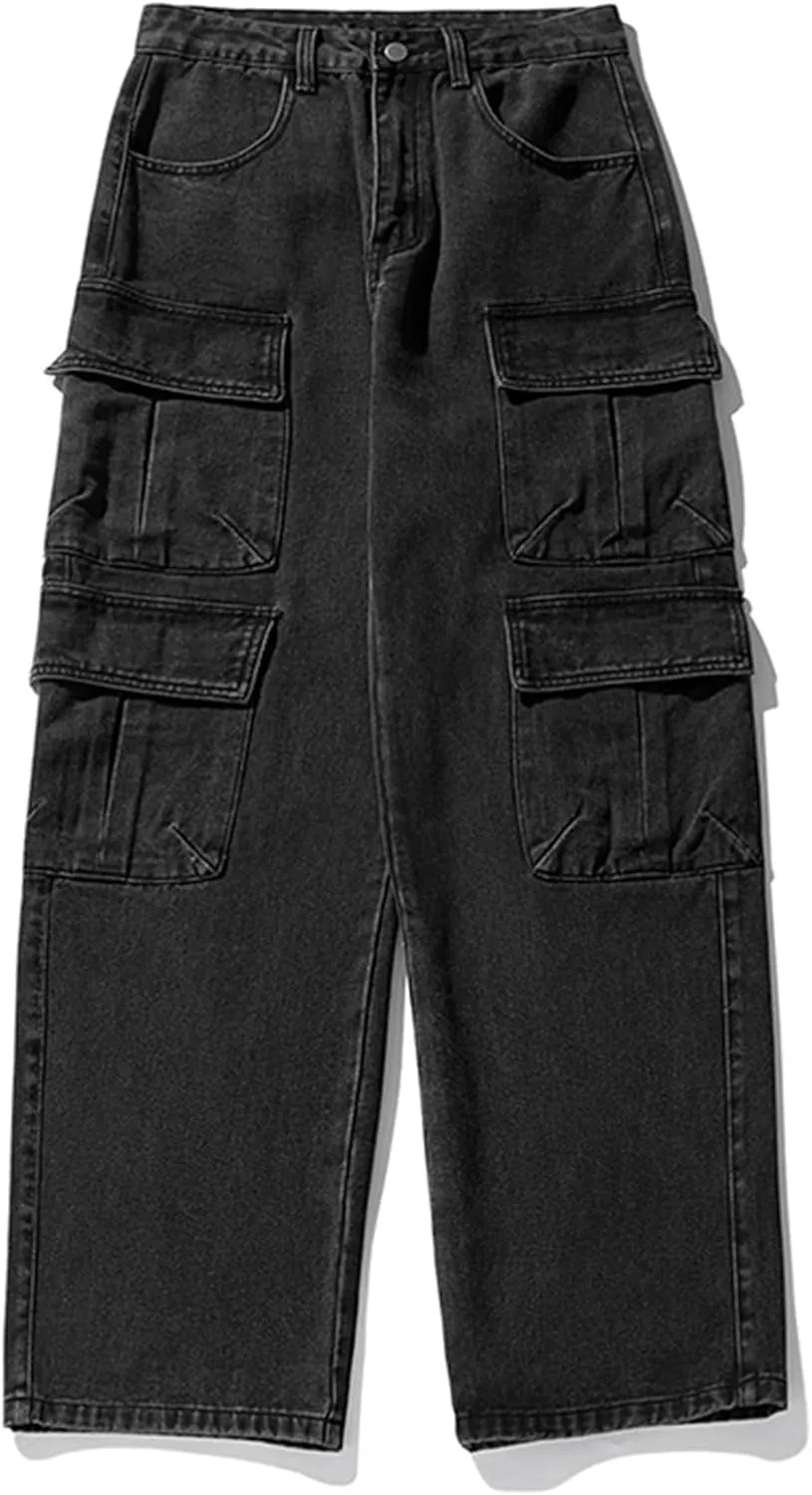 Men's Loose Cargo Pants Mulit Pockets Straight Leg Denim Jeans Casual Trousers