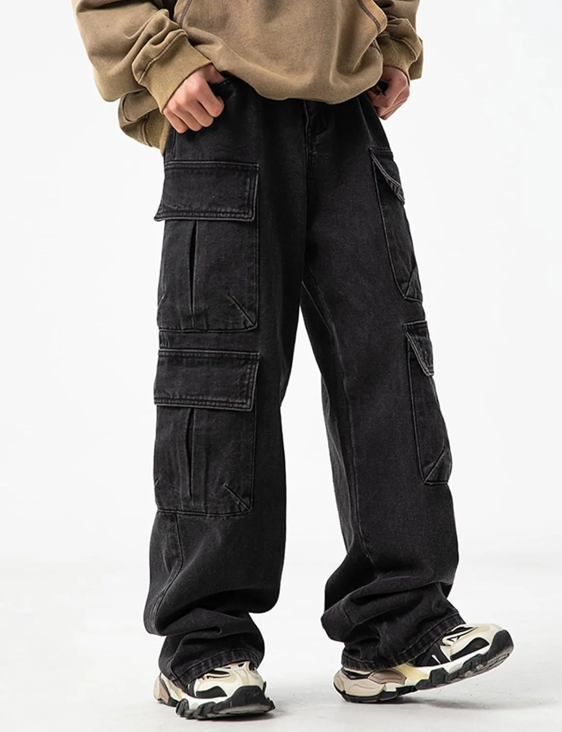Men's Loose Cargo Pants Mulit Pockets Straight Leg Denim Jeans Casual Trousers