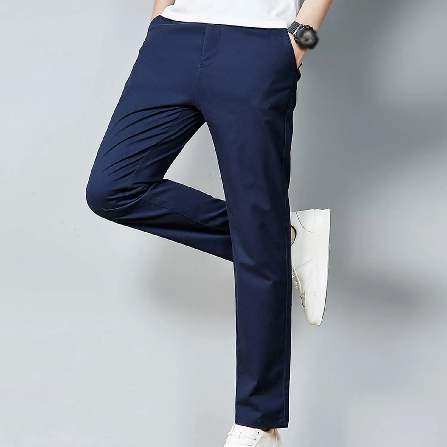 Men's Slim Fit Flat Front Pants Classic Stretch Dress Business Suit Pant Casual Straight Fit Chino Golf Pant