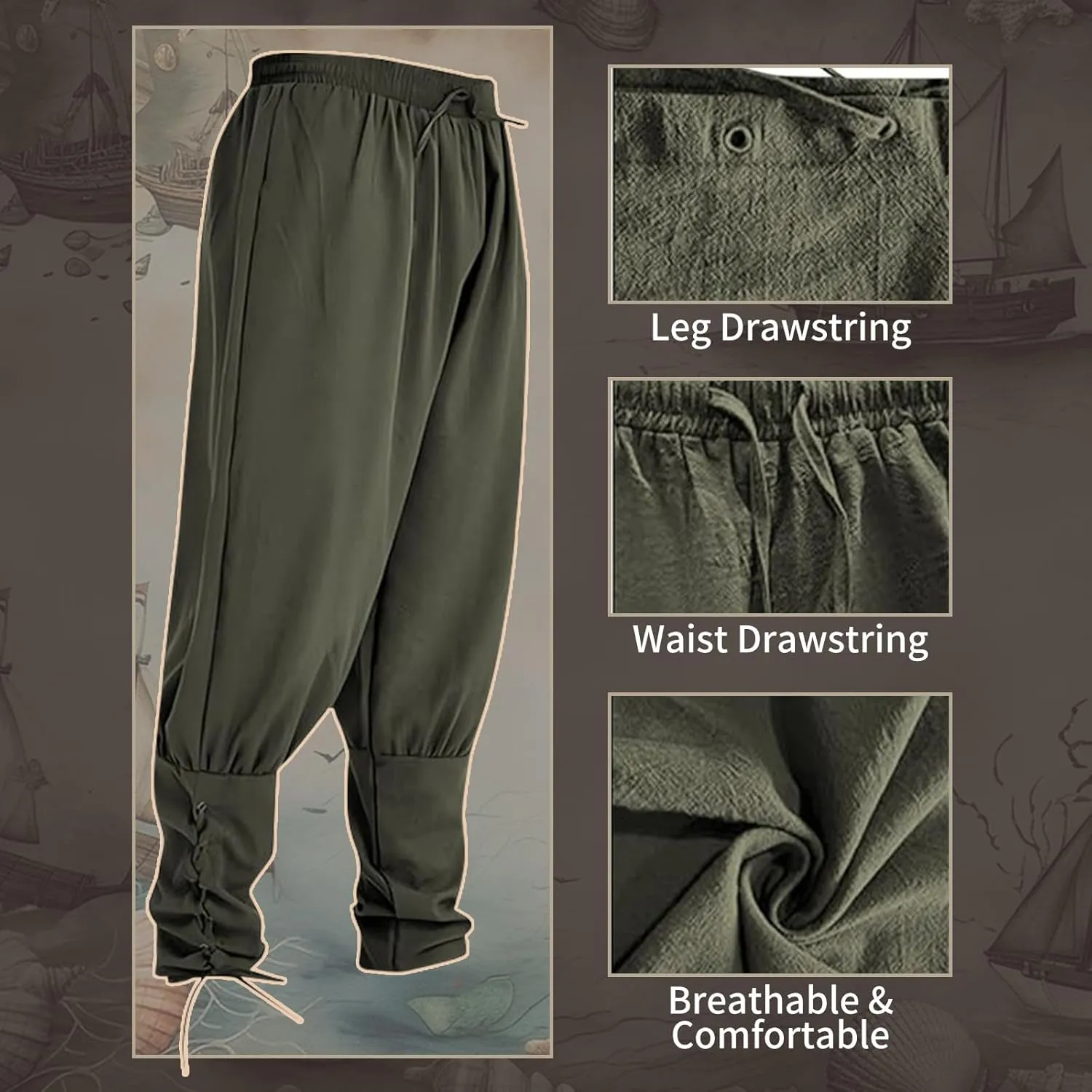 Mens Spring Summer Autumn Ankle Banded Pants Medieval Viking Navigator Trousers Renaissance Pants