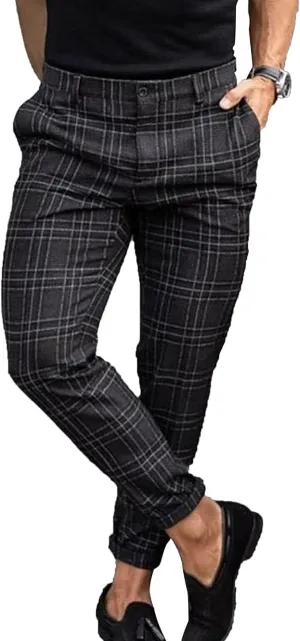 Men's Stretch Skinny Dress Pants Slim Fit Business Casual Plaid Chino Pants Fashion Stretch Flat Front Trousers