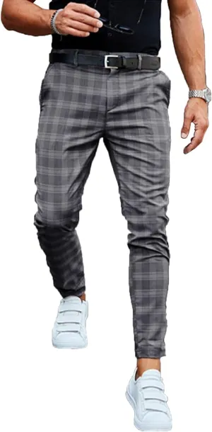 Men's Stretch Skinny Dress Pants Slim Fit Business Casual Plaid Chino Pants Fashion Stretch Flat Front Trousers