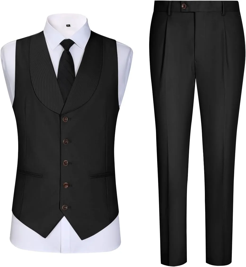 Mens Vest Pants Suits Set 2 Pieces Slim Fit Groomsmen Suit for Men Formal