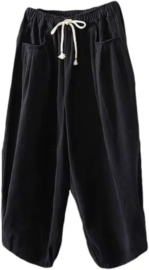 Minibee Women's Baggy Harem Pants Wide Leg Casual Pant Summer Cotton Drawstring Trousers with Pockets