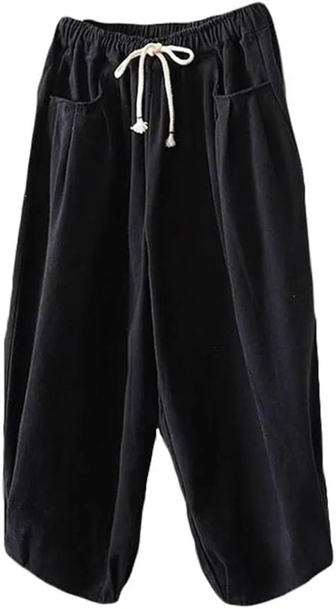 Minibee Women's Baggy Harem Pants Wide Leg Casual Pant Summer Cotton Drawstring Trousers with Pockets