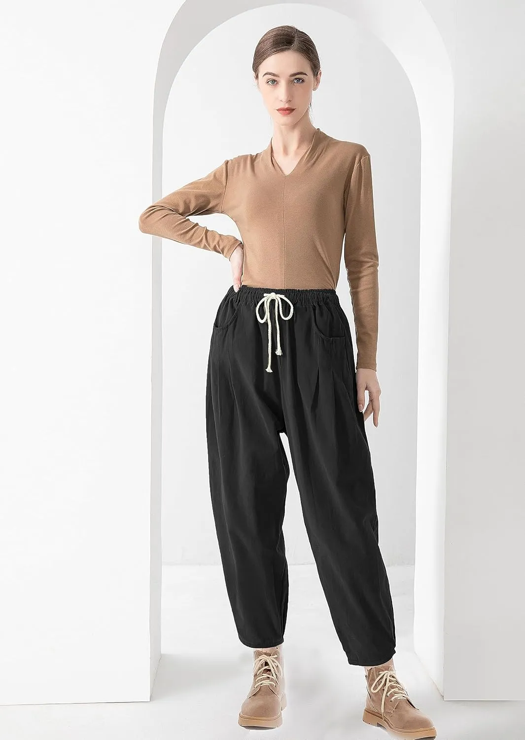 Minibee Women's Baggy Harem Pants Wide Leg Casual Pant Summer Cotton Drawstring Trousers with Pockets