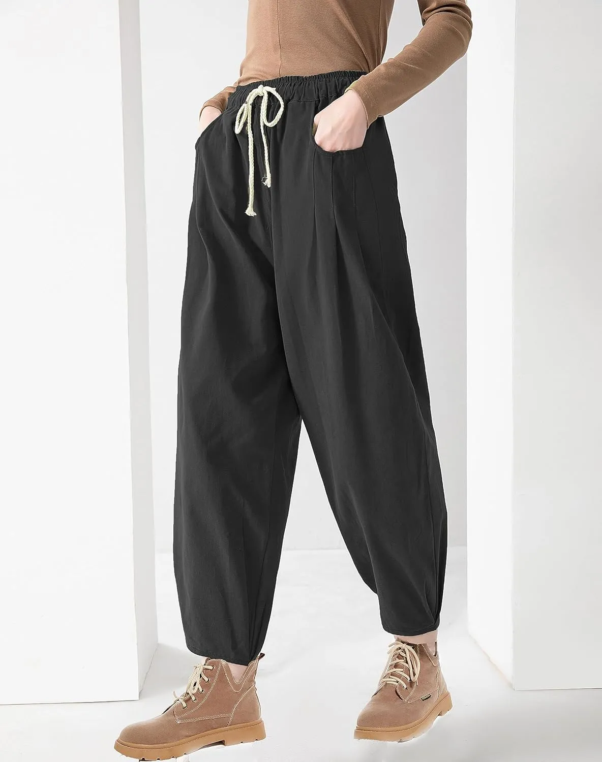 Minibee Women's Baggy Harem Pants Wide Leg Casual Pant Summer Cotton Drawstring Trousers with Pockets