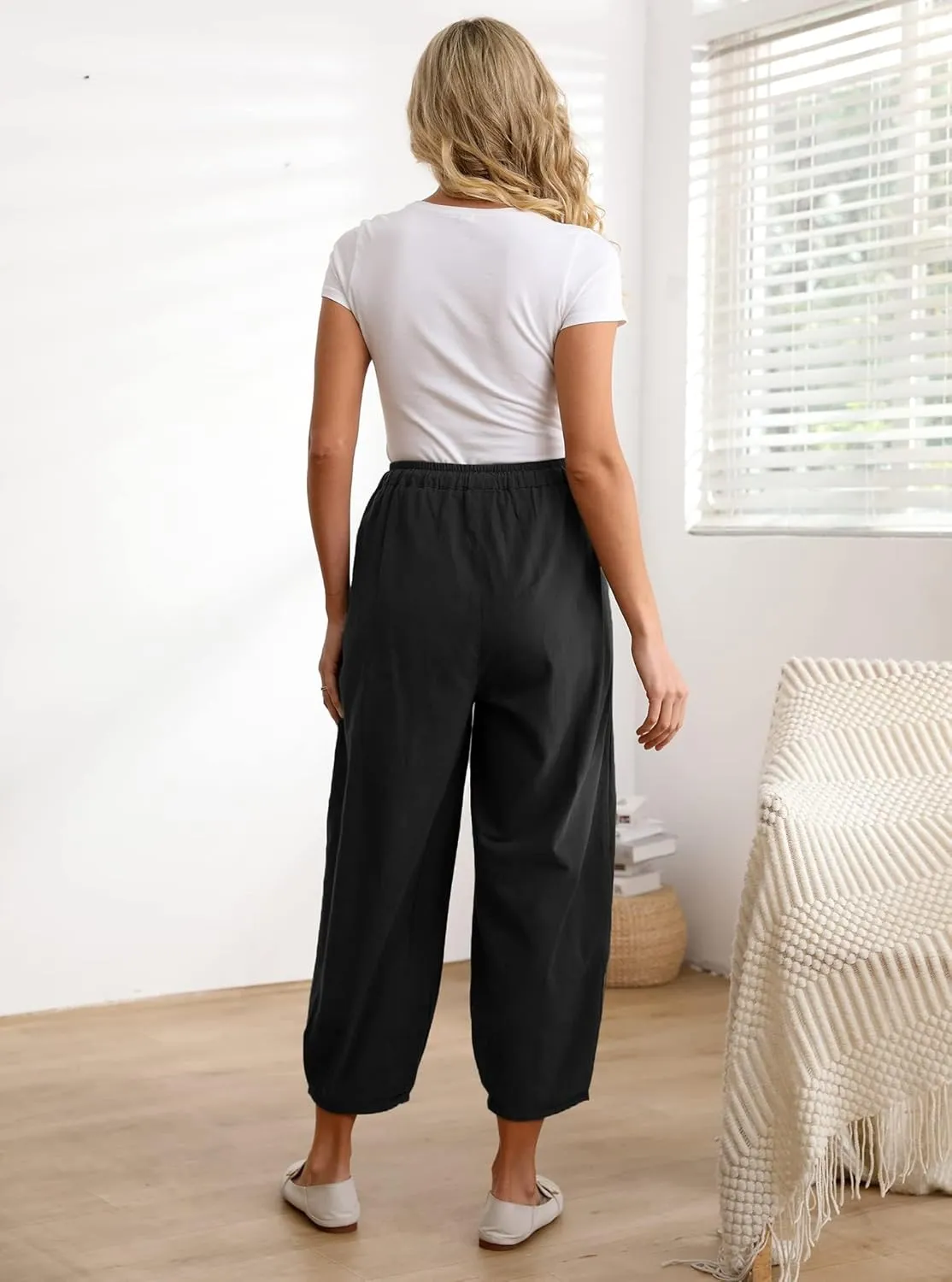 Minibee Women's Baggy Harem Pants Wide Leg Casual Pant Summer Cotton Drawstring Trousers with Pockets