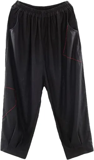 Minibee Women's Cropped Harem Pants Elastic Waist Pull On Wide Leg Trousers with Pockets
