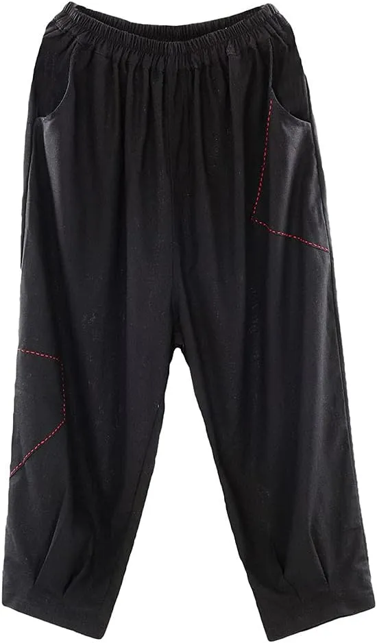 Minibee Women's Cropped Harem Pants Elastic Waist Pull On Wide Leg Trousers with Pockets