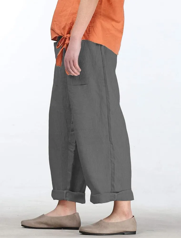 Minibee Women's Wide Leg Harem Pants Cotton Linen Striped Casual Palazzo Pants with Pockets