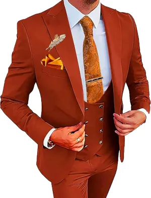 MOGU Mens Suits Gold Buttons 3 Piece Slim Fit Tuxedo Suit Set Blazer Vest Pants for Wedding Prom