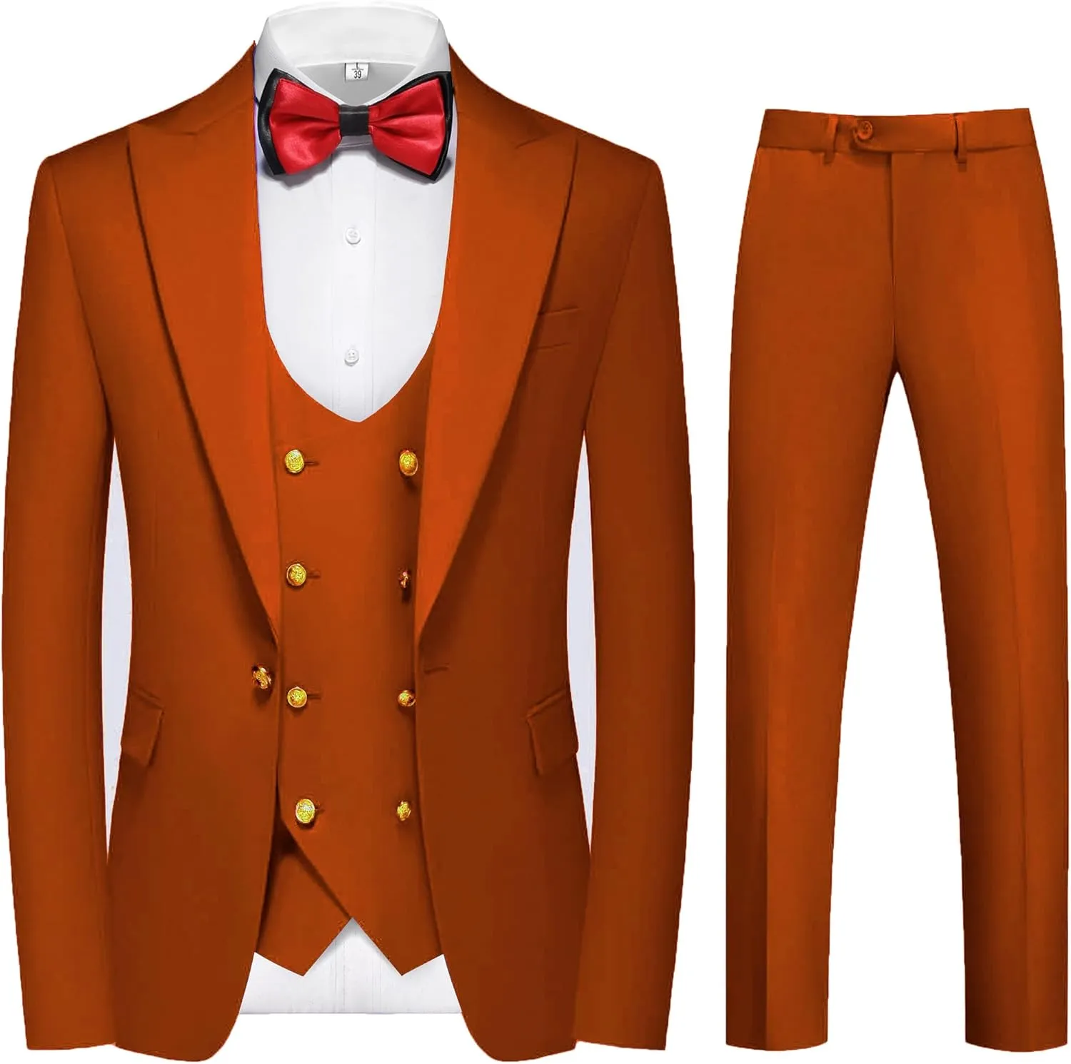 MOGU Mens Suits Gold Buttons 3 Piece Slim Fit Tuxedo Suit Set Blazer Vest Pants for Wedding Prom