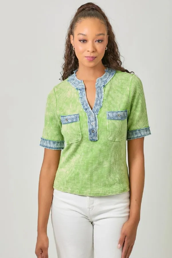 Mystree Kiwi Combo Corded Top with Frayed Denim Trim