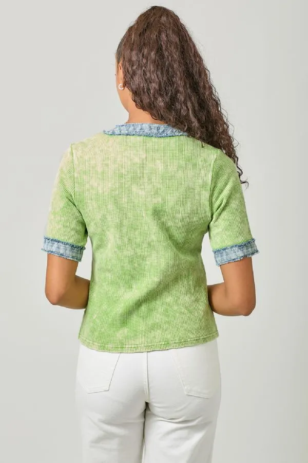 Mystree Kiwi Combo Corded Top with Frayed Denim Trim