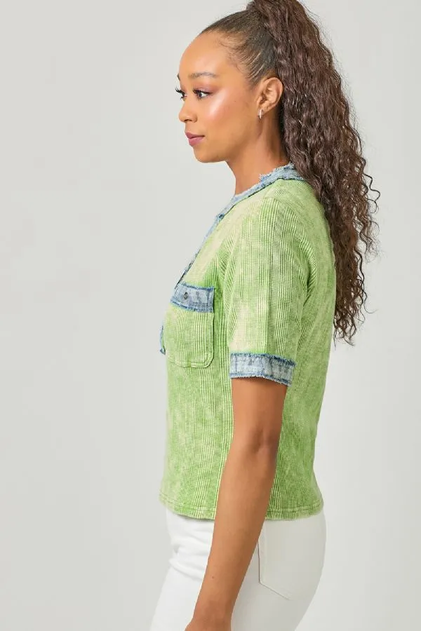 Mystree Kiwi Combo Corded Top with Frayed Denim Trim