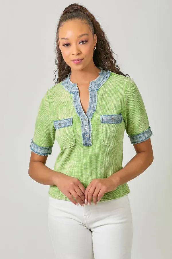 Mystree Kiwi Combo Corded Top with Frayed Denim Trim