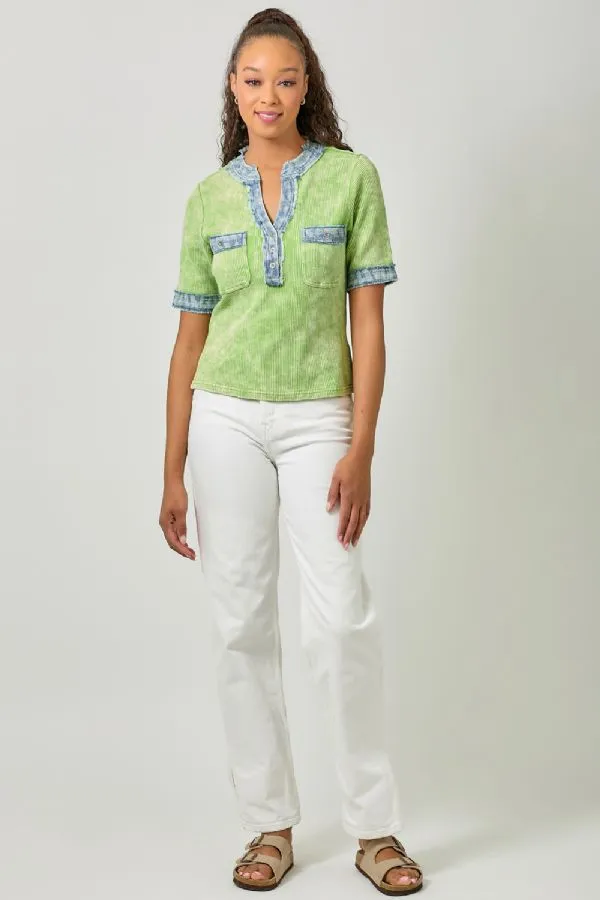 Mystree Kiwi Combo Corded Top with Frayed Denim Trim
