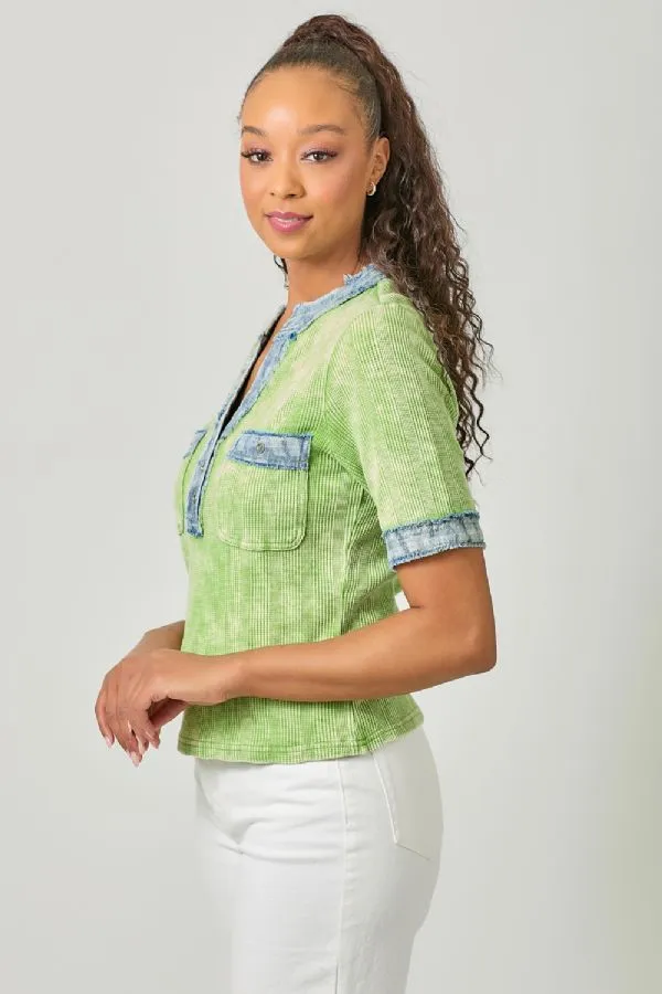 Mystree Kiwi Combo Corded Top with Frayed Denim Trim