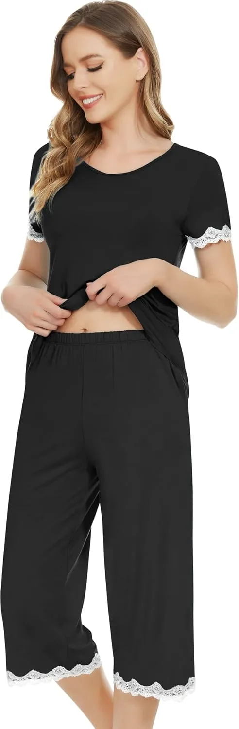NACHILA Women's Pajamas Set-Viscose Made from Bamboo, Short Sleeve Pjs Soft Capri Pants Pajamas Cool Sleepwear for Ladies