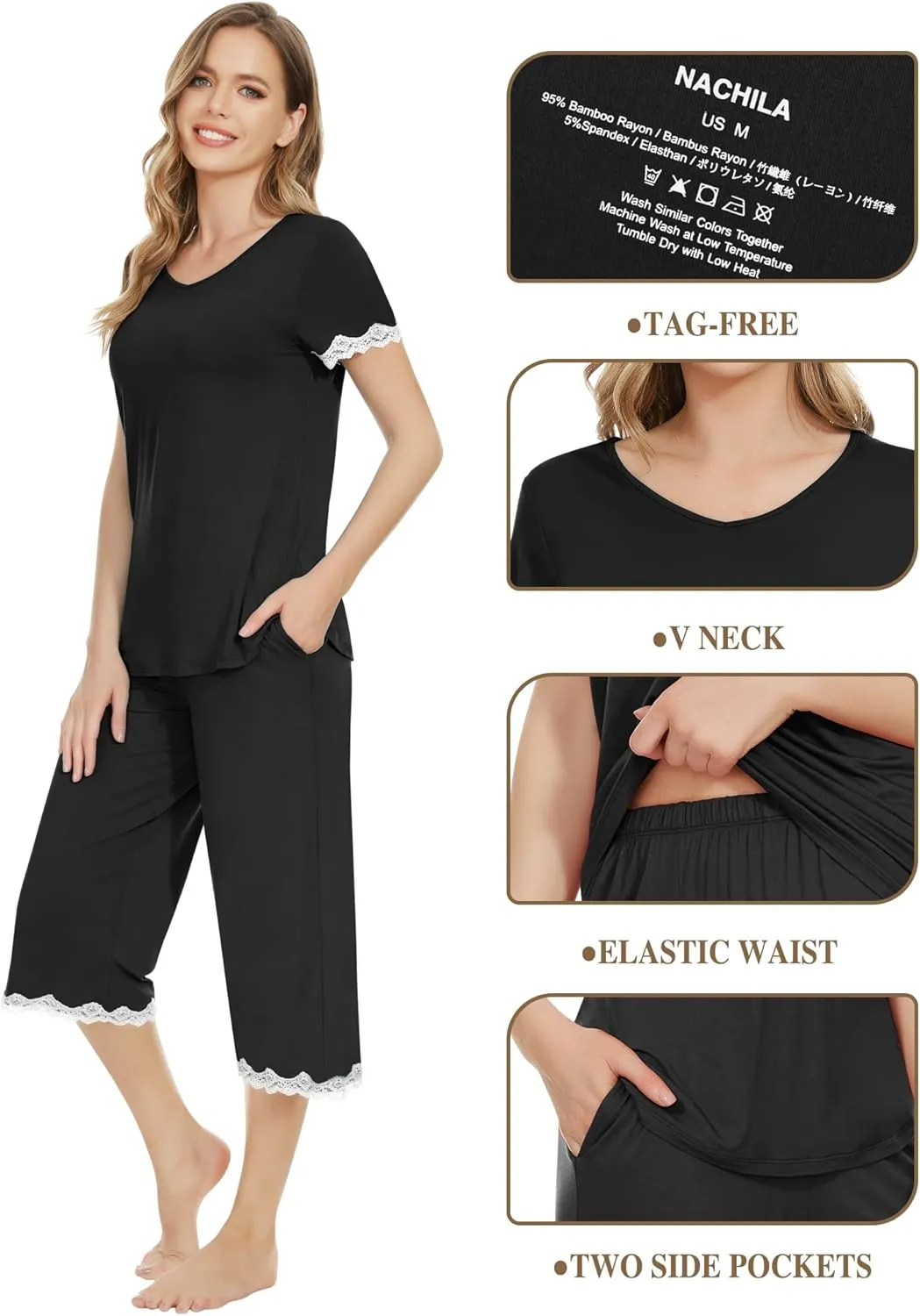 NACHILA Women's Pajamas Set-Viscose Made from Bamboo, Short Sleeve Pjs Soft Capri Pants Pajamas Cool Sleepwear for Ladies