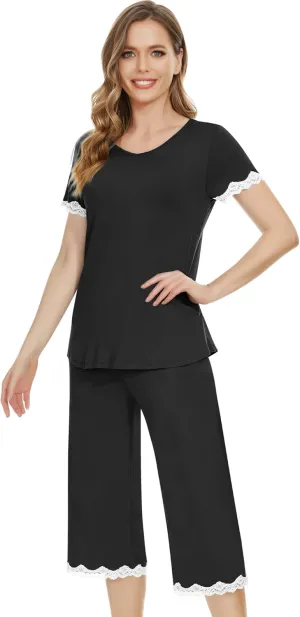 NACHILA Women's Pajamas Set-Viscose Made from Bamboo, Short Sleeve Pjs Soft Capri Pants Pajamas Cool Sleepwear for Ladies