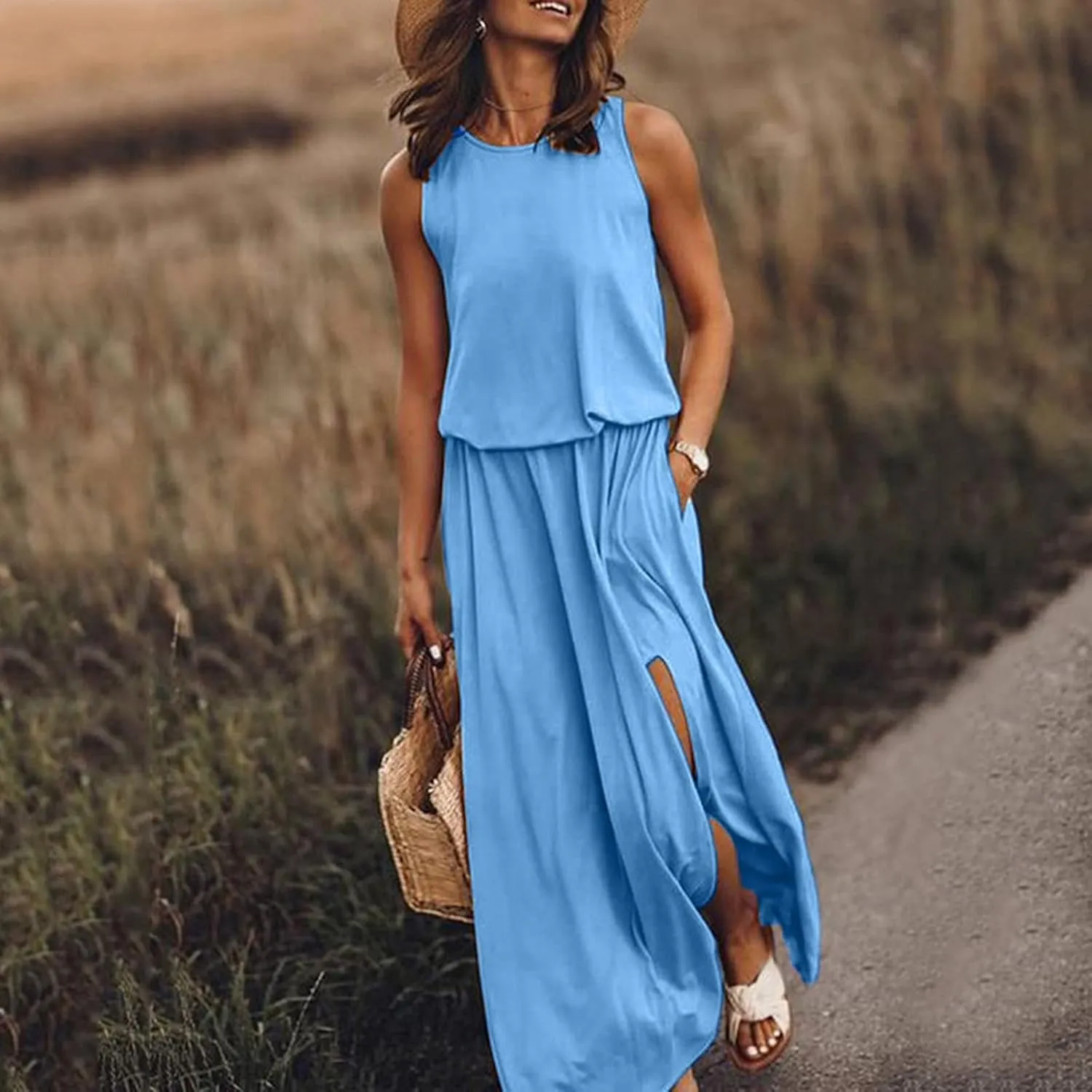 NaRHbrg Women Summer Dresses Sleeveless Casual Summer Maxi Dress Smocked Flowy Irregular Hem Sundresses Beach Long Tank Dress