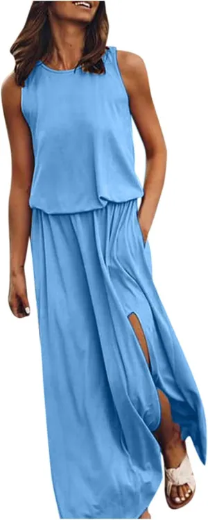 NaRHbrg Women Summer Dresses Sleeveless Casual Summer Maxi Dress Smocked Flowy Irregular Hem Sundresses Beach Long Tank Dress