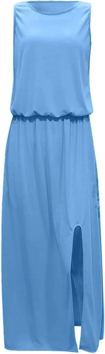 NaRHbrg Women Summer Dresses Sleeveless Casual Summer Maxi Dress Smocked Flowy Irregular Hem Sundresses Beach Long Tank Dress