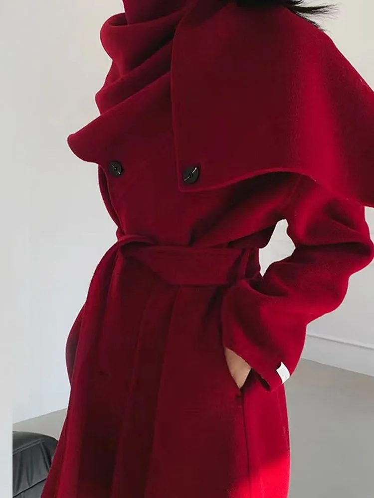 New Shawl Scarf Collar Double-breasted Solid Color Women Double-sided Woolen Belt Coats