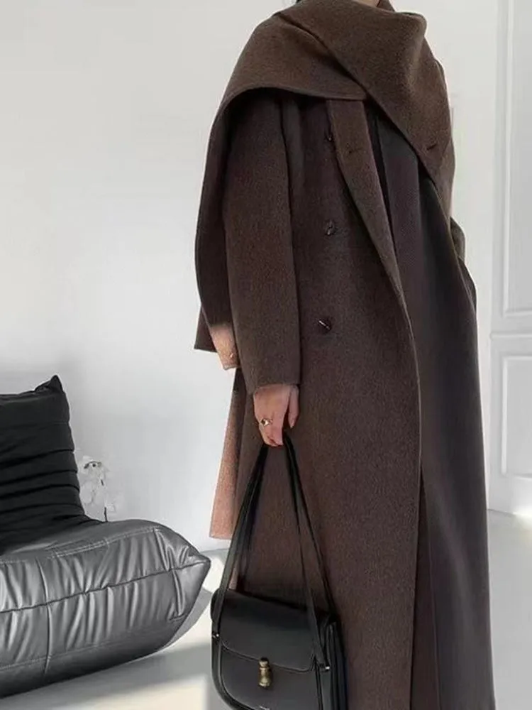 New Shawl Scarf Collar Double-breasted Solid Color Women Double-sided Woolen Belt Coats