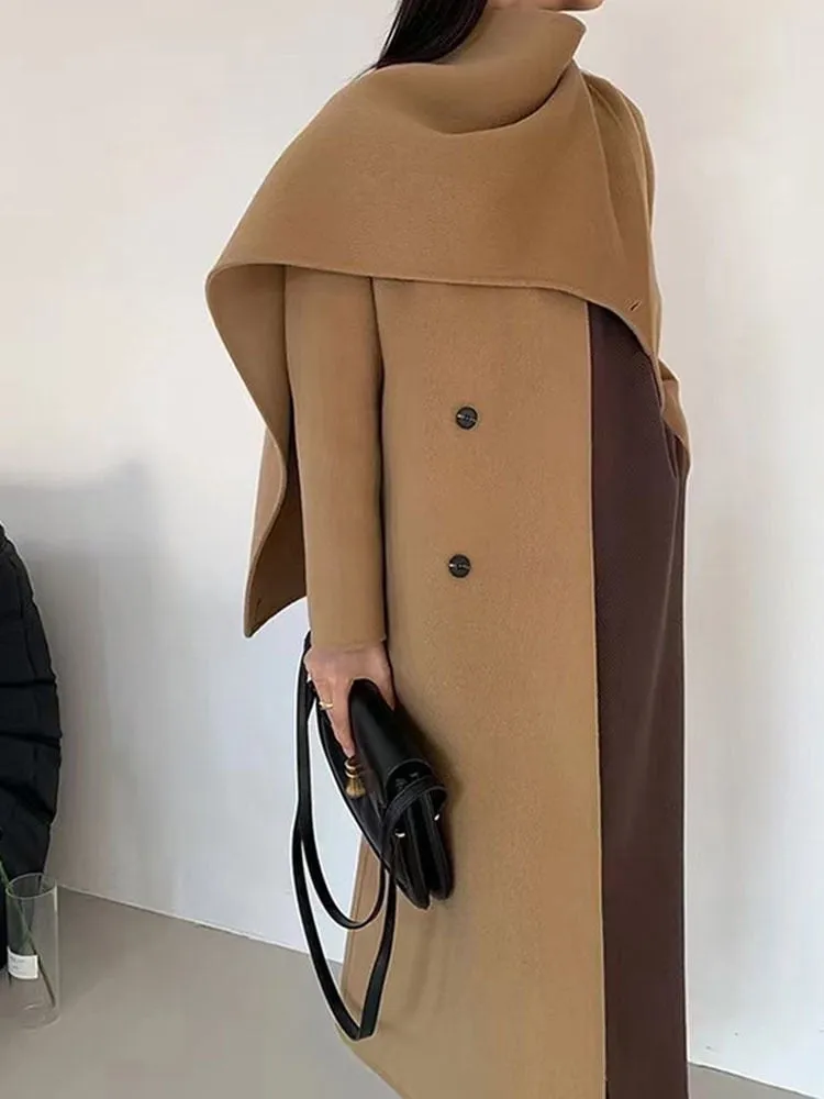 New Shawl Scarf Collar Double-breasted Solid Color Women Double-sided Woolen Belt Coats