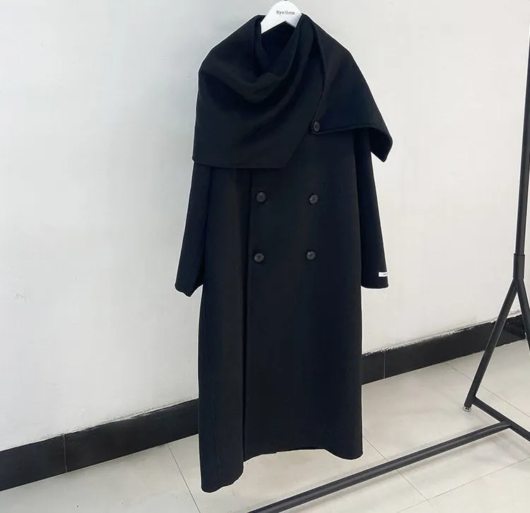 New Shawl Scarf Collar Double-breasted Solid Color Women Double-sided Woolen Belt Coats