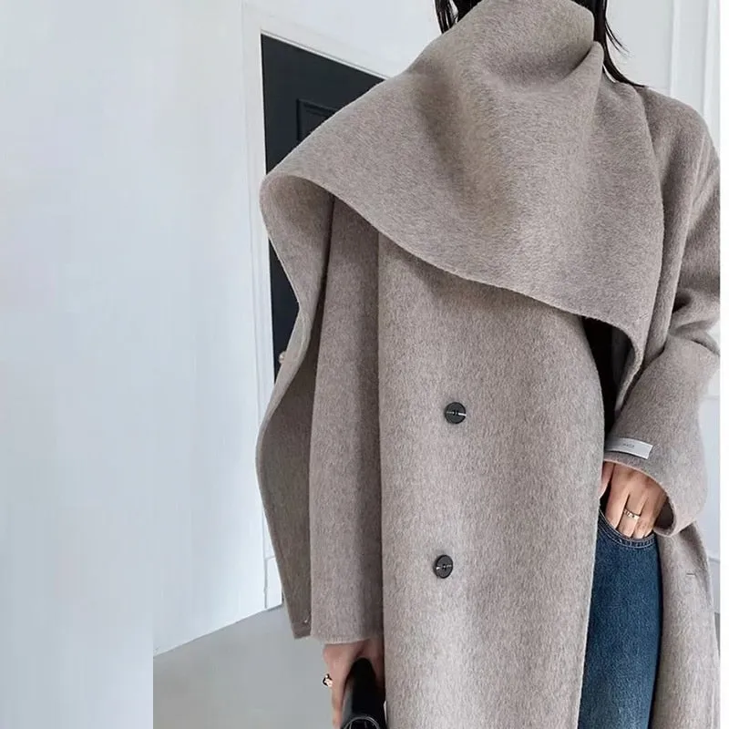 New Shawl Scarf Collar Double-breasted Solid Color Women Double-sided Woolen Belt Coats