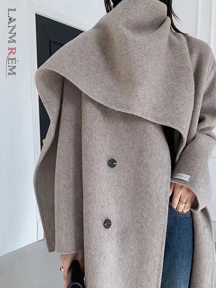 New Shawl Scarf Collar Double-breasted Solid Color Women Double-sided Woolen Belt Coats