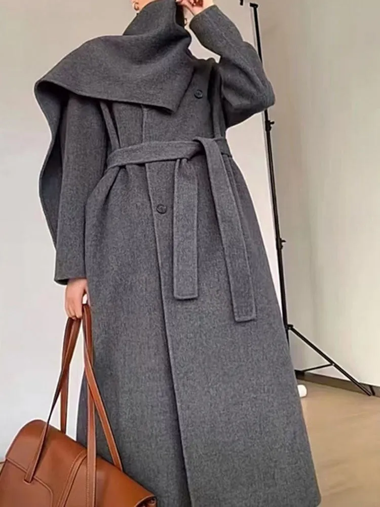New Shawl Scarf Collar Double-breasted Solid Color Women Double-sided Woolen Belt Coats