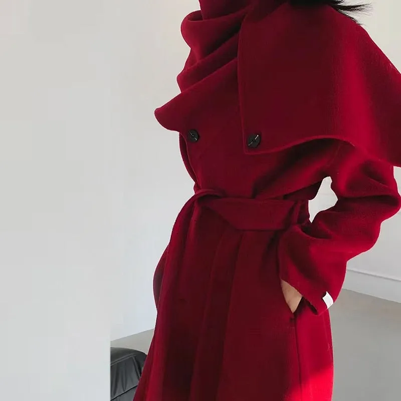 New Shawl Scarf Collar Double-breasted Solid Color Women Double-sided Woolen Belt Coats