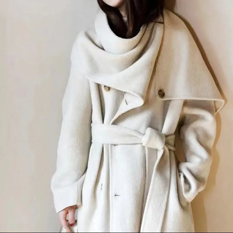 New Shawl Scarf Collar Double-breasted Solid Color Women Double-sided Woolen Belt Coats