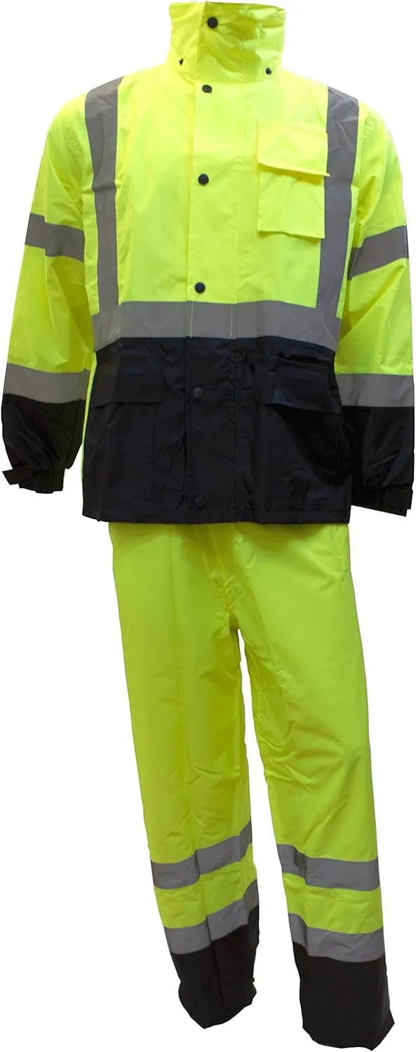 New York Hi-Viz Workwear RK Safety RW-CLA3 Class 3 Rain suit, Jacket, Pants High Visibility Reflective Black Bottom