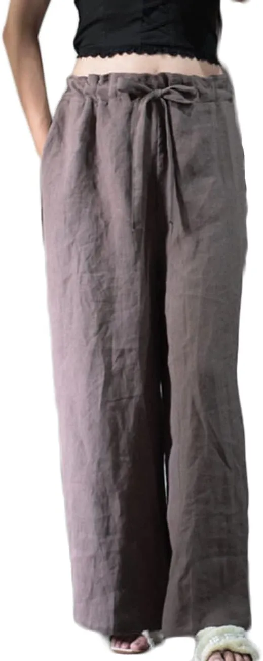 NFYM Casual Wide Pants for Women Linen Elastic High Waist Drawstring Belt Comfy Trousers with Pockets