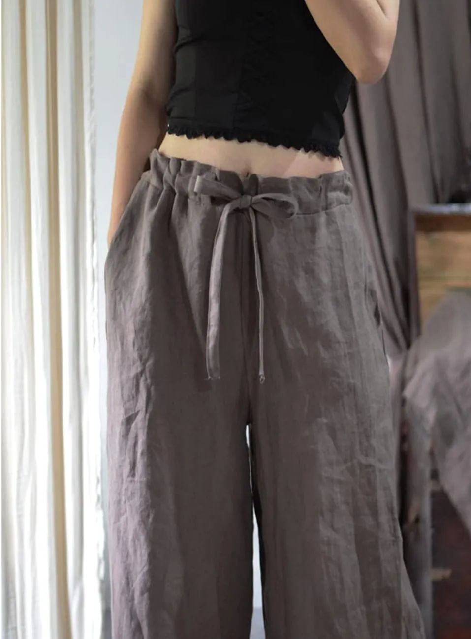NFYM Casual Wide Pants for Women Linen Elastic High Waist Drawstring Belt Comfy Trousers with Pockets