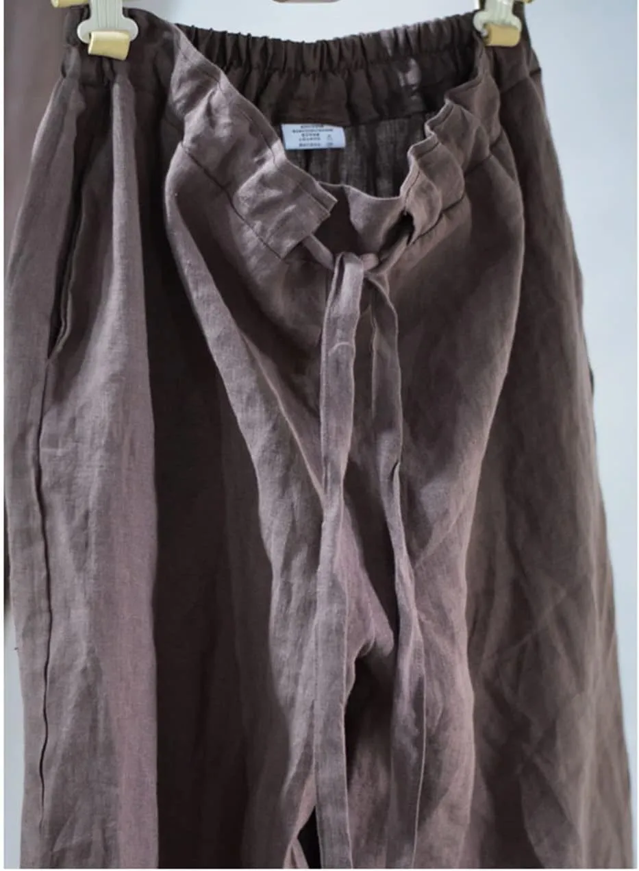 NFYM Casual Wide Pants for Women Linen Elastic High Waist Drawstring Belt Comfy Trousers with Pockets