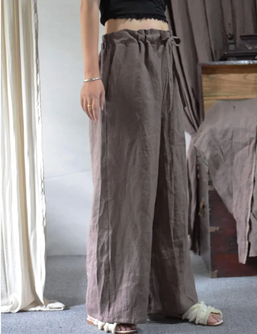 NFYM Casual Wide Pants for Women Linen Elastic High Waist Drawstring Belt Comfy Trousers with Pockets