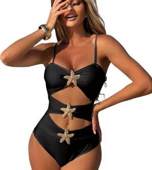 One Piece Swimsuit for Women Beach Bathing Suit Sexy Metal Starfish Cut Out Ruched Swimwear Summer Onepiece