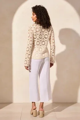 Open Fancy Crochet V-Neck Bell Slv Swtr-Cocomilk