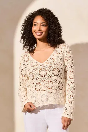 Open Fancy Crochet V-Neck Bell Slv Swtr-Cocomilk