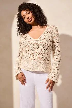 Open Fancy Crochet V-Neck Bell Slv Swtr-Cocomilk