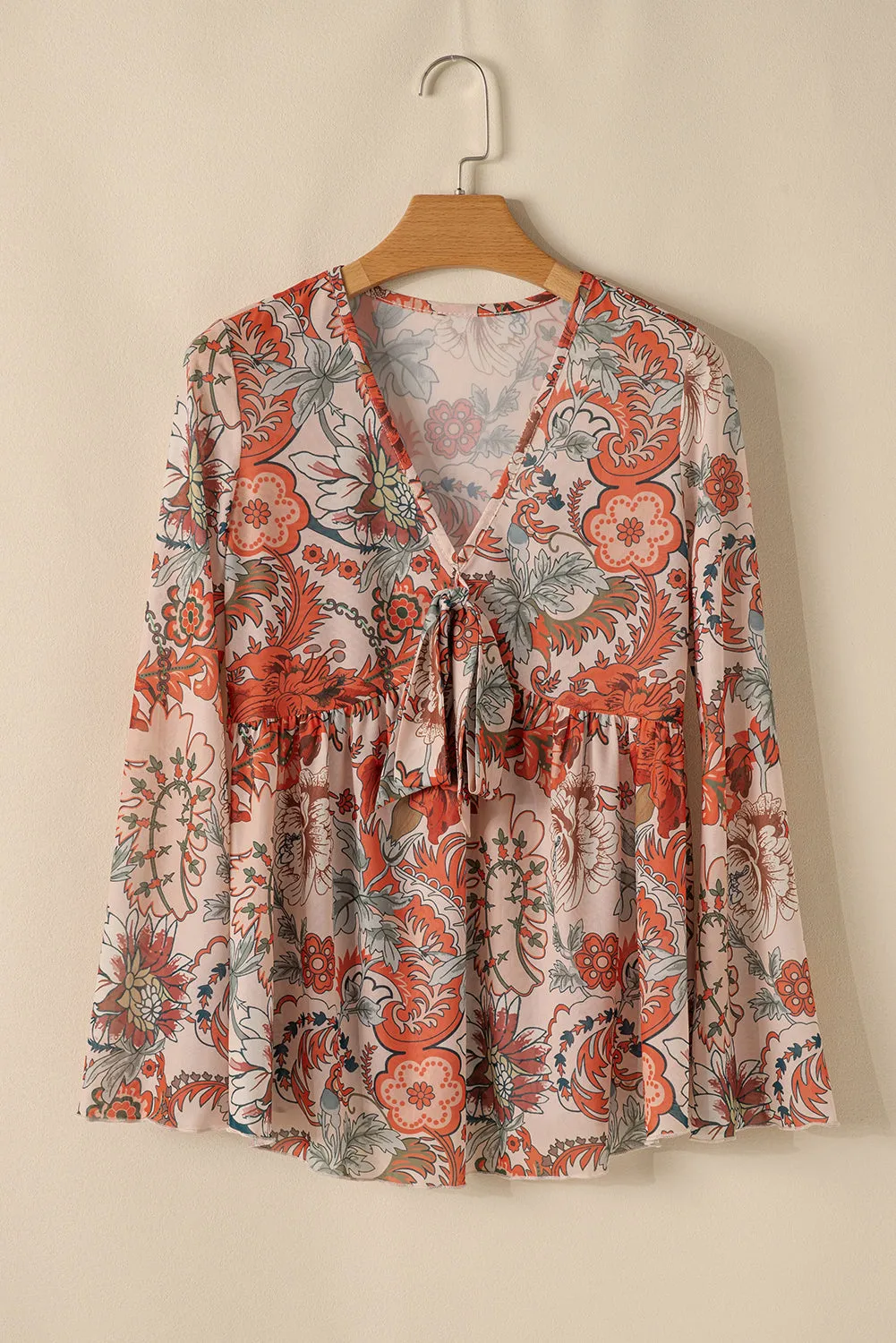 Orange Floral Bell Sleeve Blouse