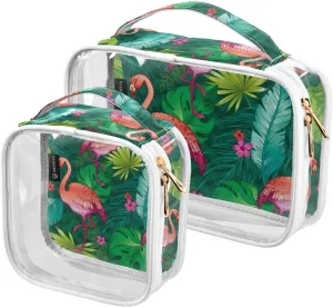 Pink-flamingo-tropical-pla 2 Pack Clear Toiletry Bag Women Men, Portable Waterproof Clear Pouch, Cosmetic Bag with Double Zippers Large Opening Traveling with Handle for Bathroom Traveling Vacation Or